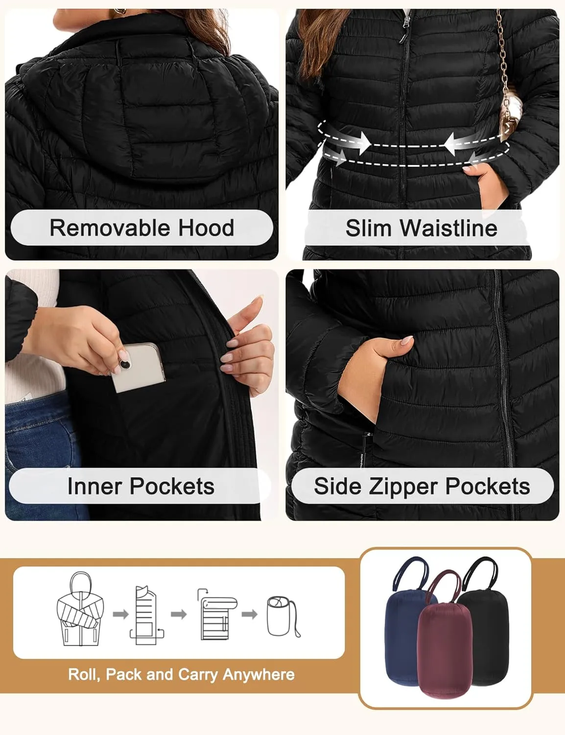 SLOW DOWN Womens Plus Size Lightweight Puffer Jacket, Womens Packable Winter Jacket, Womens Puffy Jacket with Detachable Hood