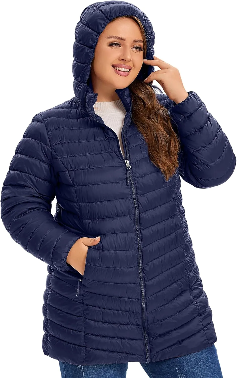 SLOW DOWN Womens Plus Size Lightweight Puffer Jacket, Womens Packable Winter Jacket, Womens Puffy Jacket with Detachable Hood