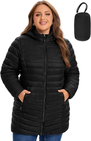 SLOW DOWN Womens Plus Size Lightweight Puffer Jacket, Womens Packable Winter Jacket, Womens Puffy Jacket with Detachable Hood