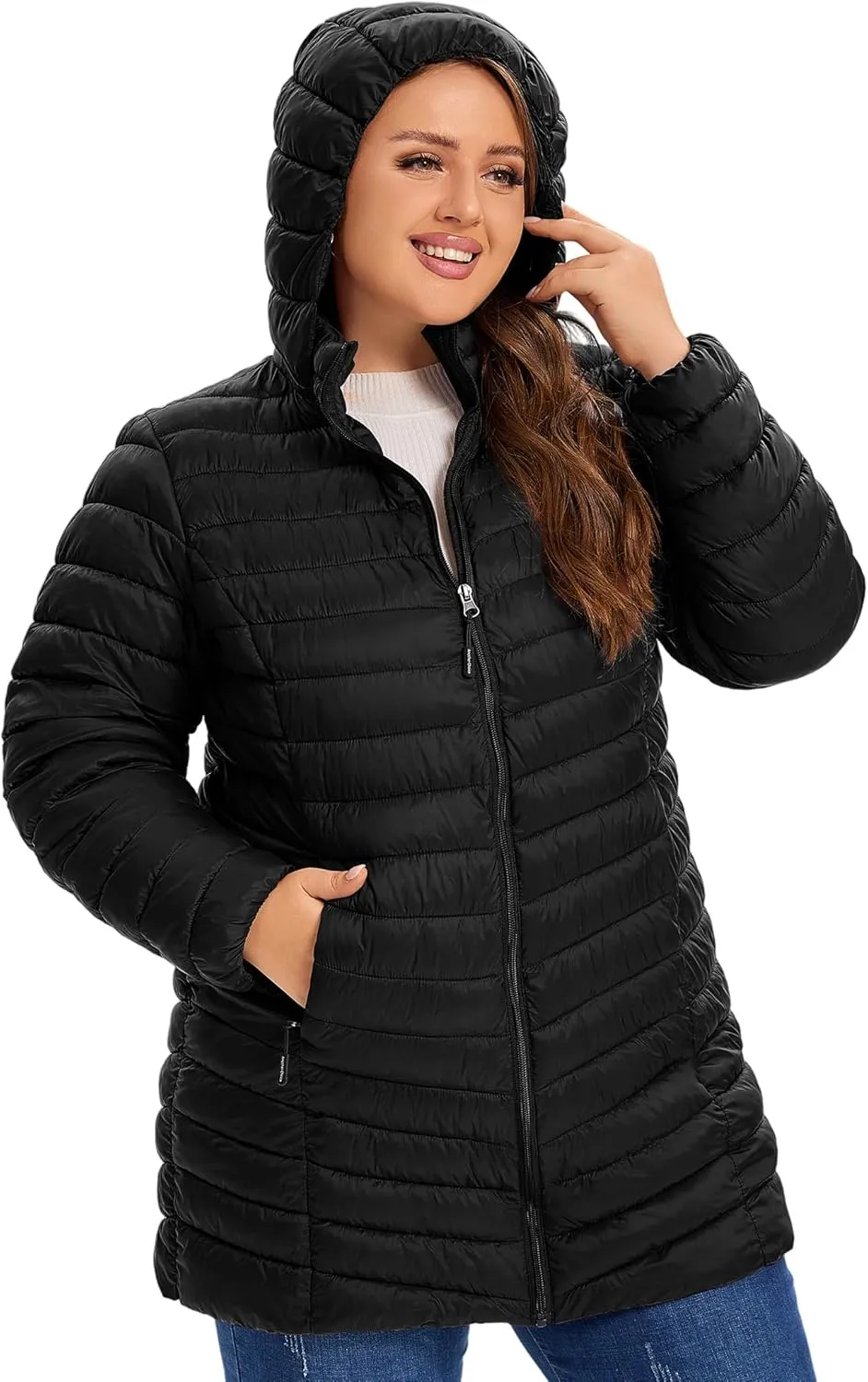 SLOW DOWN Womens Plus Size Lightweight Puffer Jacket, Womens Packable Winter Jacket, Womens Puffy Jacket with Detachable Hood