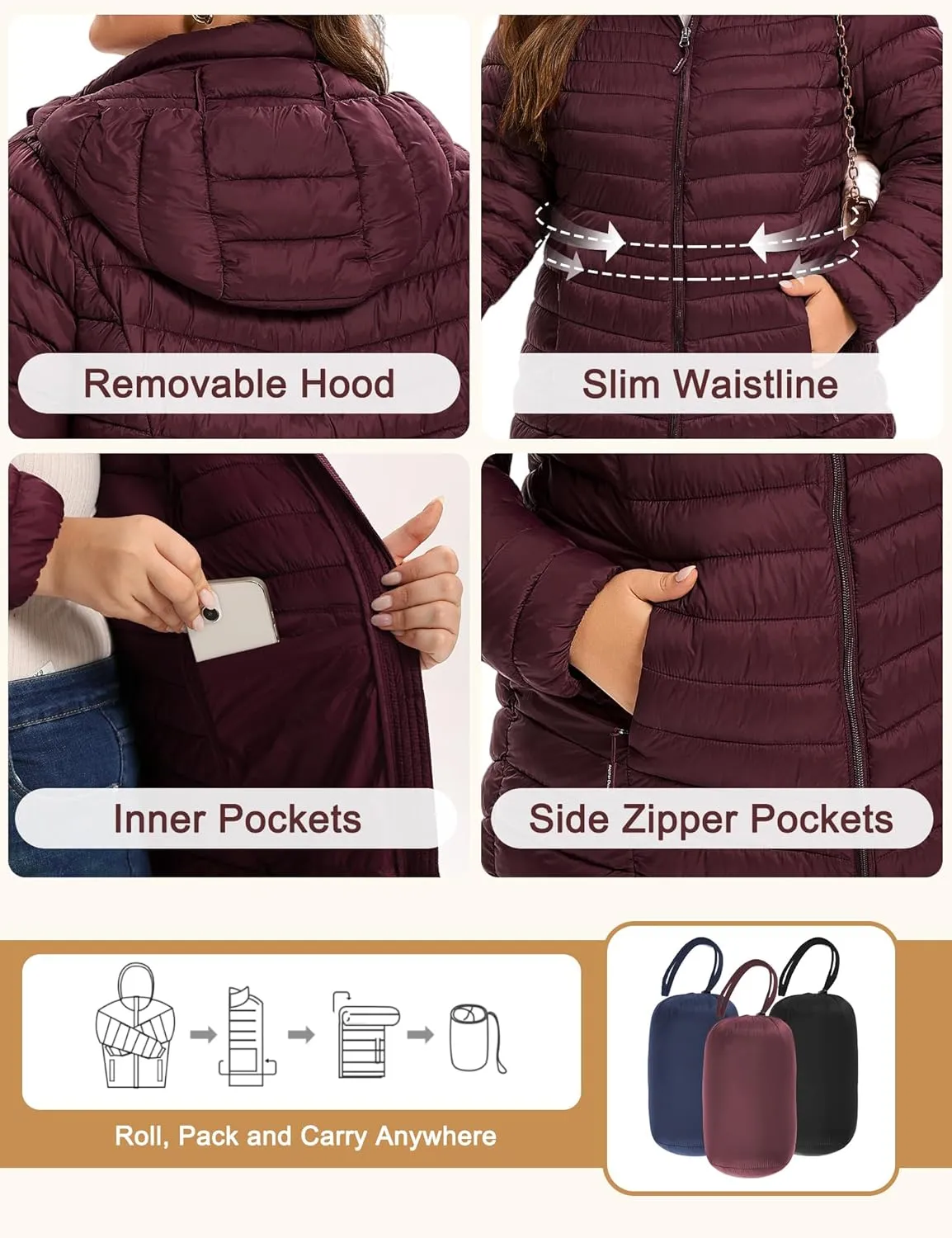 SLOW DOWN Womens Plus Size Lightweight Puffer Jacket, Womens Packable Winter Jacket, Womens Puffy Jacket with Detachable Hood