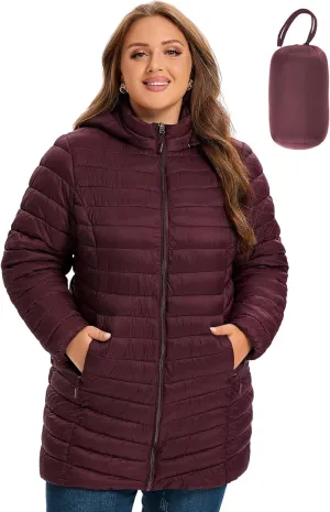 SLOW DOWN Womens Plus Size Lightweight Puffer Jacket, Womens Packable Winter Jacket, Womens Puffy Jacket with Detachable Hood