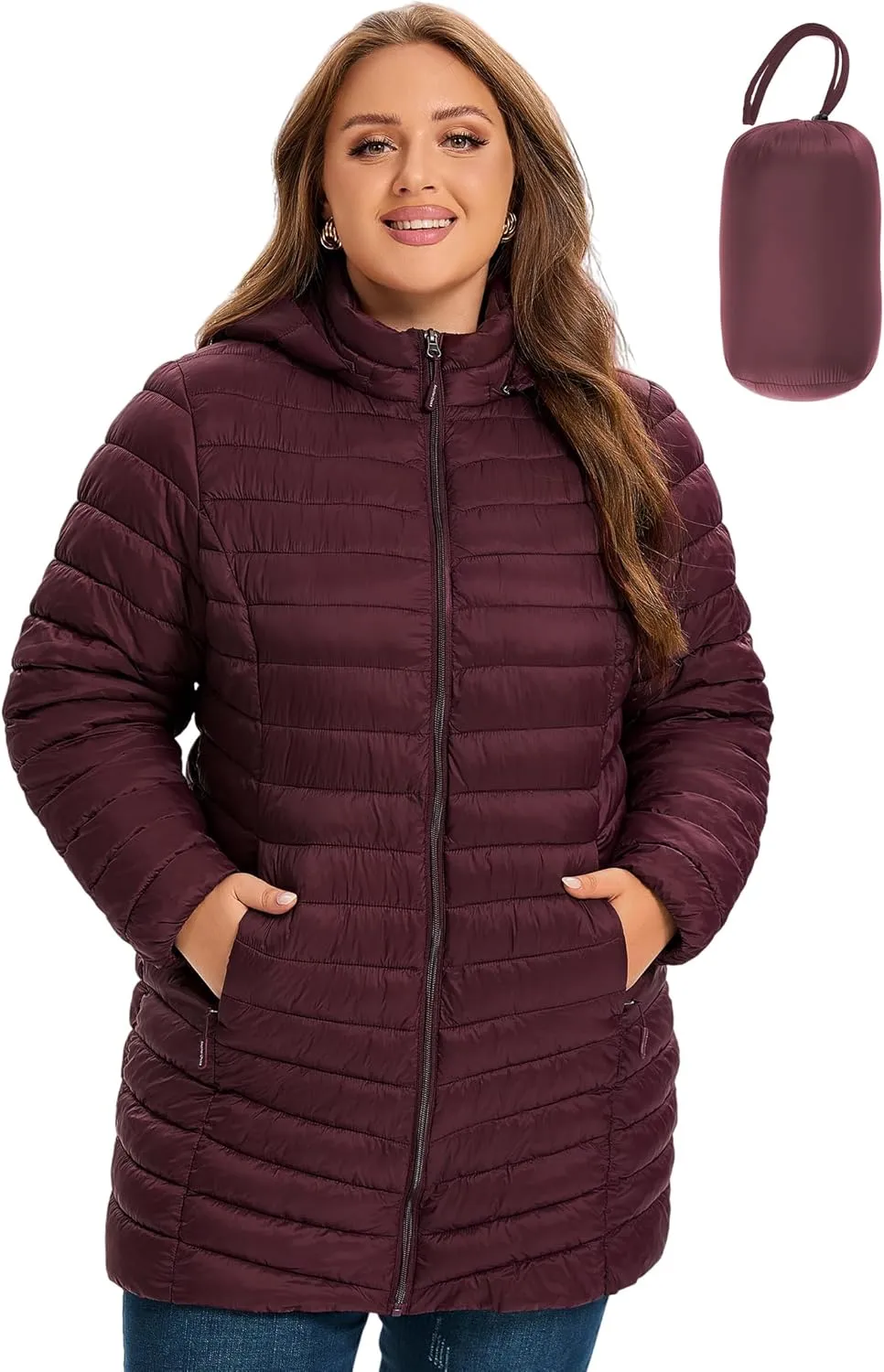 SLOW DOWN Womens Plus Size Lightweight Puffer Jacket, Womens Packable Winter Jacket, Womens Puffy Jacket with Detachable Hood
