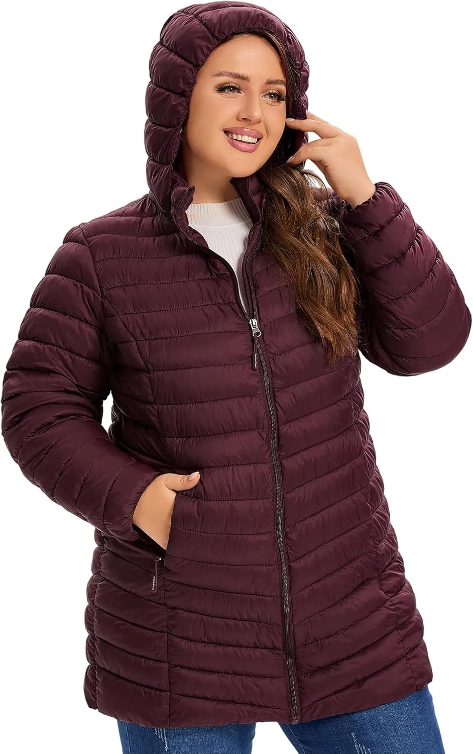 SLOW DOWN Womens Plus Size Lightweight Puffer Jacket, Womens Packable Winter Jacket, Womens Puffy Jacket with Detachable Hood