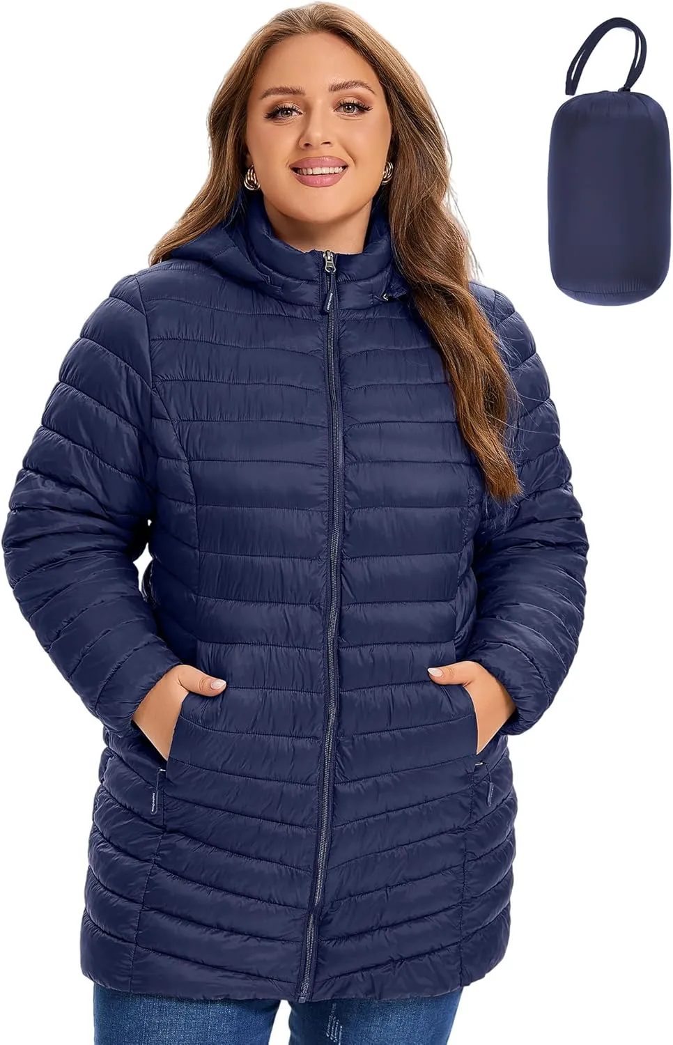 SLOW DOWN Womens Plus Size Lightweight Puffer Jacket, Womens Packable Winter Jacket, Womens Puffy Jacket with Detachable Hood