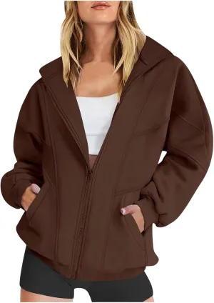 SMIDOW Full Zip Up Sweatshirts For Women Trendy 2024 Oversized Fleece Lightweight Hoodie Jacket Fall Preppy Teen Girls Outfit