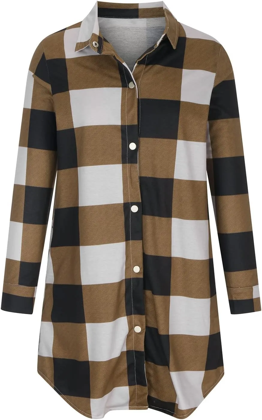 SMIDOW Womens Fall 2023 Casual Button Cardigan Jacket Outwears Flannel Plaid Long Shacket Jacket Tartan Trench Coat