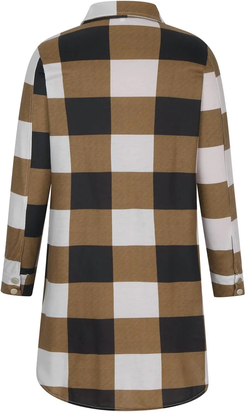 SMIDOW Womens Fall 2023 Casual Button Cardigan Jacket Outwears Flannel Plaid Long Shacket Jacket Tartan Trench Coat