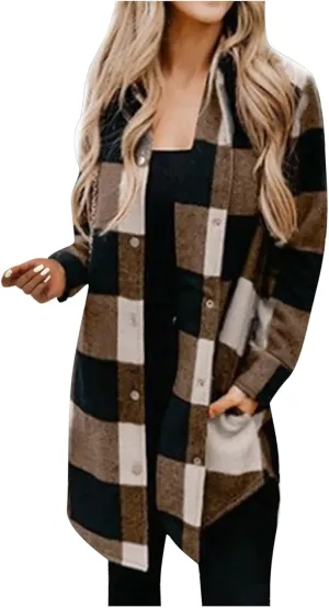 SMIDOW Womens Fall 2023 Casual Button Cardigan Jacket Outwears Flannel Plaid Long Shacket Jacket Tartan Trench Coat