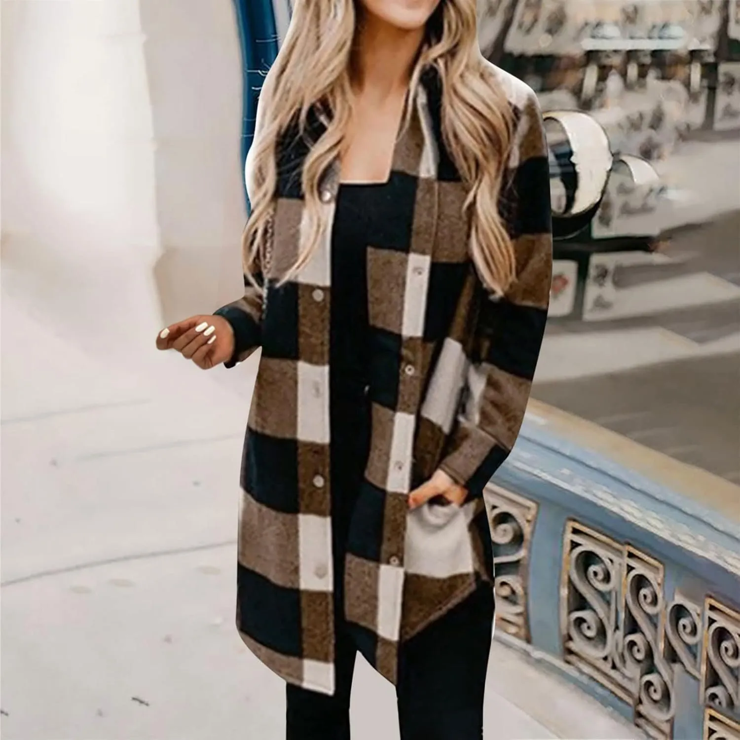 SMIDOW Womens Fall 2023 Casual Button Cardigan Jacket Outwears Flannel Plaid Long Shacket Jacket Tartan Trench Coat
