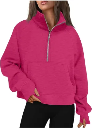 SMIDOW Womens Half Zip Cropped Hoodies Oversized Fleece Quarter Zip Pullover Tops Fall Winter Clothes 2023 Outfits Sweatshirt