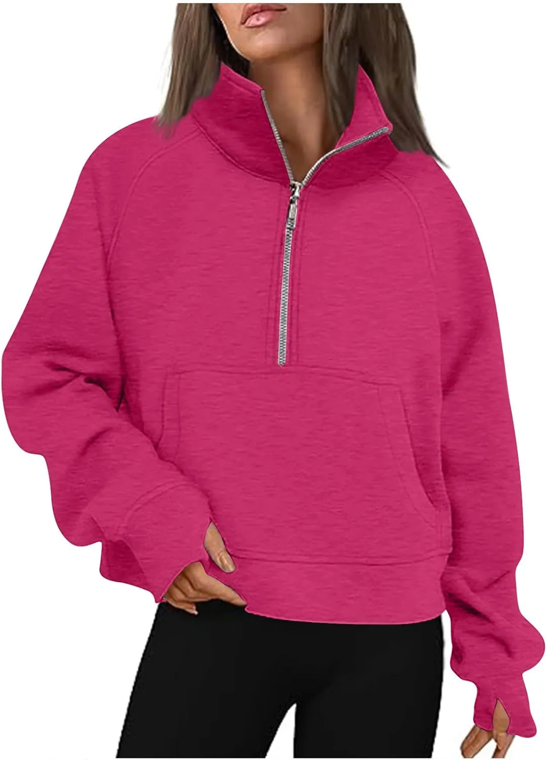 SMIDOW Womens Half Zip Cropped Hoodies Oversized Fleece Quarter Zip Pullover Tops Fall Winter Clothes 2023 Outfits Sweatshirt