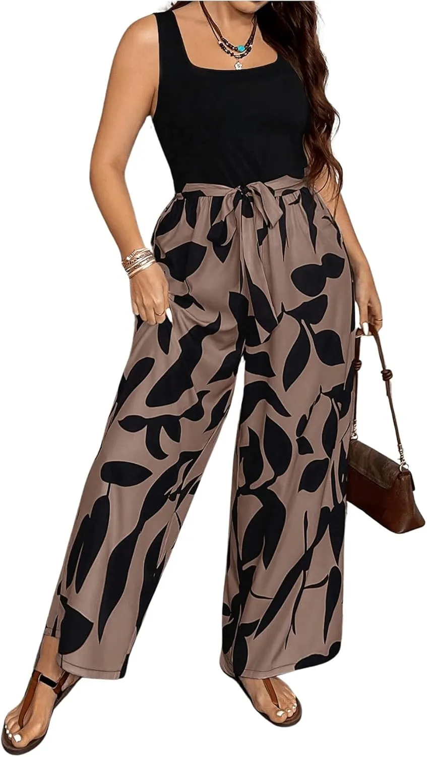 SOLY HUX Women's Plus Size Print Belted Jumpsuits Casual Summer Sleeveless Square Neck Wide Leg Tank Romper Long Pants