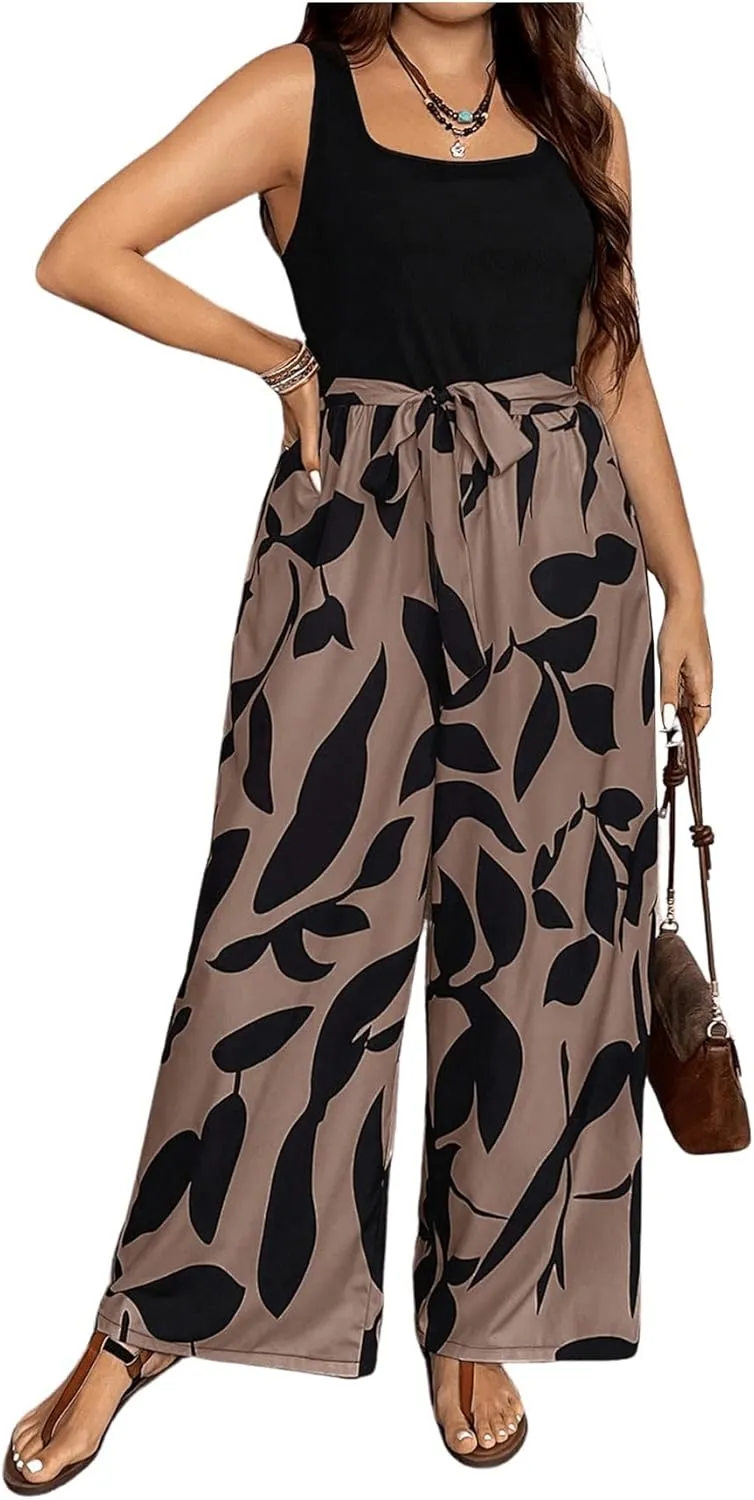 SOLY HUX Women's Plus Size Print Belted Jumpsuits Casual Summer Sleeveless Square Neck Wide Leg Tank Romper Long Pants