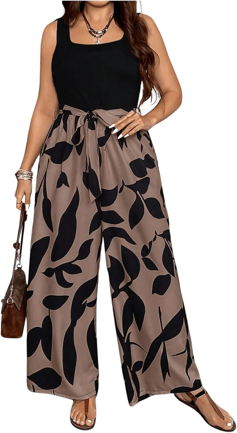 SOLY HUX Women's Plus Size Print Belted Jumpsuits Casual Summer Sleeveless Square Neck Wide Leg Tank Romper Long Pants