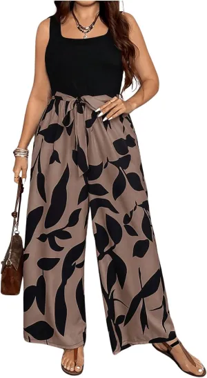 SOLY HUX Women's Plus Size Print Belted Jumpsuits Casual Summer Sleeveless Square Neck Wide Leg Tank Romper Long Pants