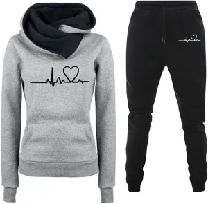 Stessotudo Pant Sets for Women Two Piece Outfits Heart Print Cute Matching Set Long Sleeve Hoodie Plus Size Trendy Sweatsuits