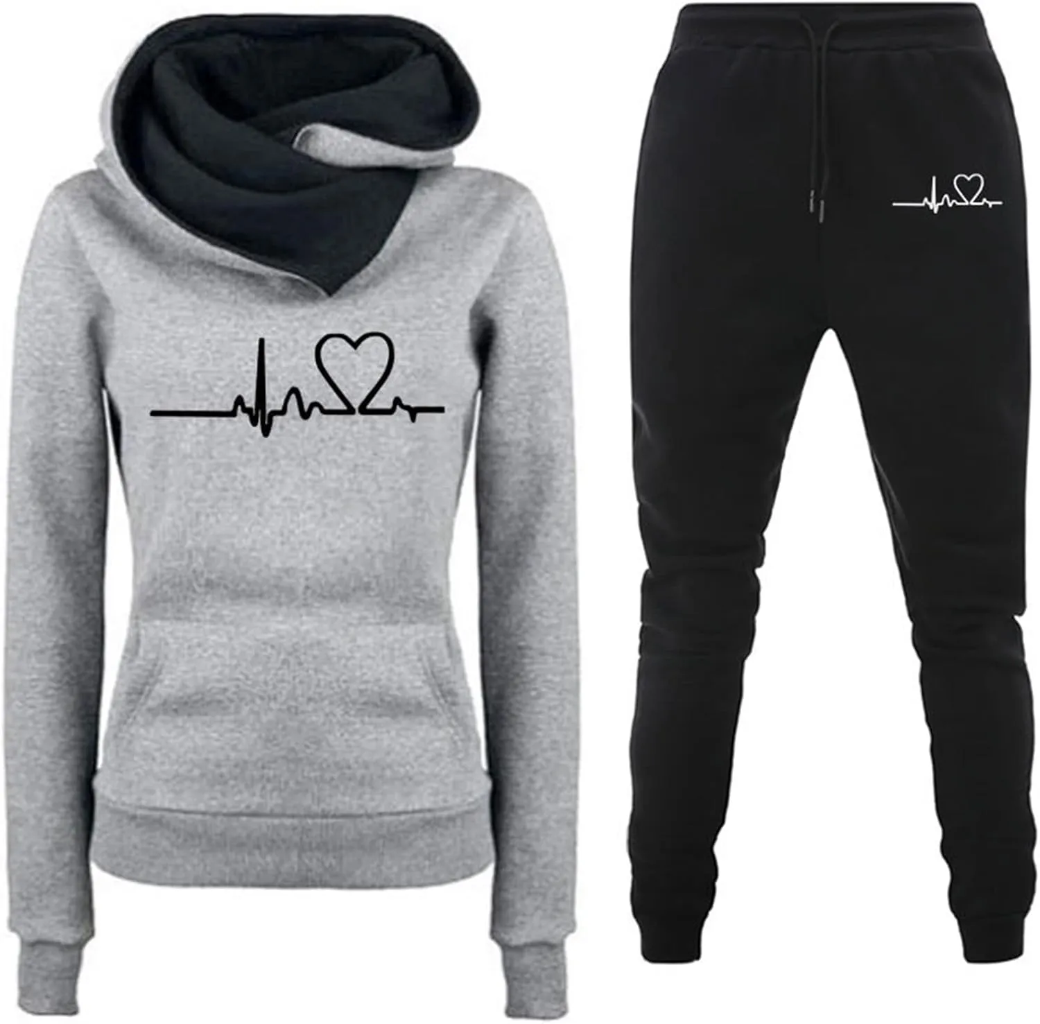 Stessotudo Pant Sets for Women Two Piece Outfits Heart Print Cute Matching Set Long Sleeve Hoodie Plus Size Trendy Sweatsuits