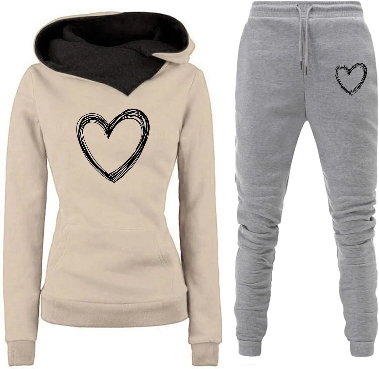 Stessotudo Track Suits for Women Trendy Two Piece Pants Sets Heart Print Cute Hoodies Long Sleeve Pullover Casual Sweatsuits