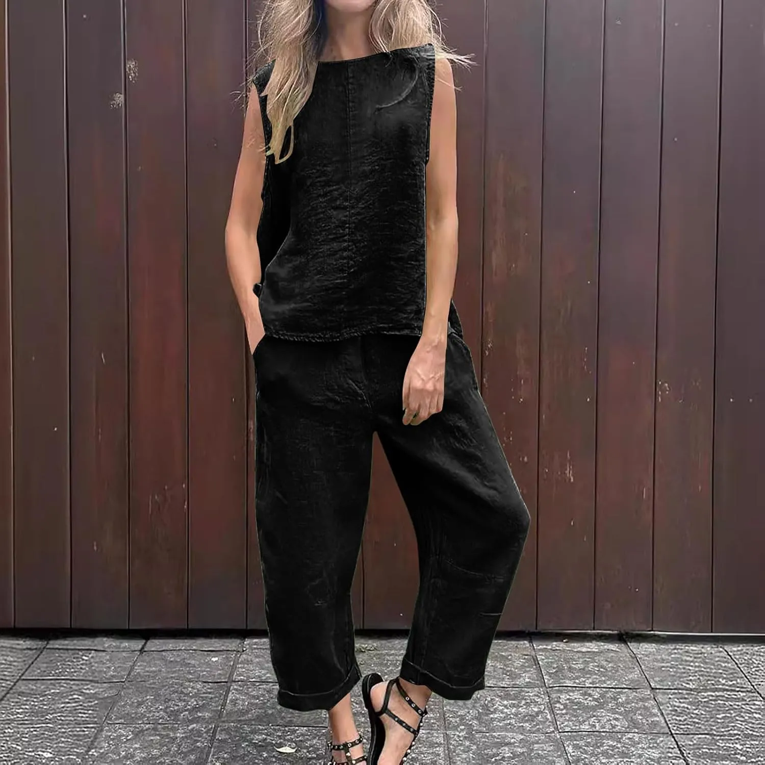 Summer Beach Vacation Outfits For Women Cotton Linen Sleeveless Top Loose Trousers Solid Color Going Out Comfy Sets