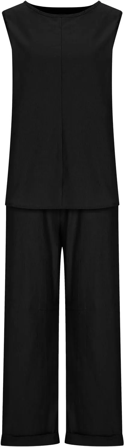 Summer Beach Vacation Outfits For Women Cotton Linen Sleeveless Top Loose Trousers Solid Color Going Out Comfy Sets