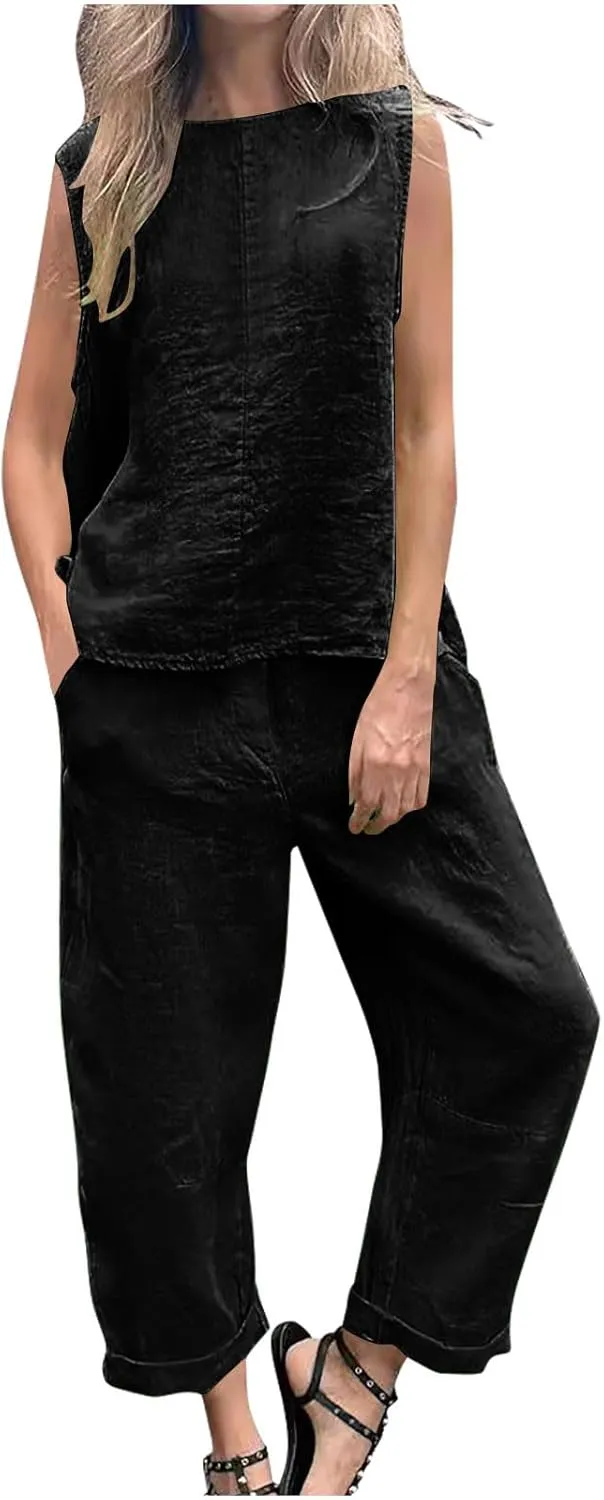 Summer Beach Vacation Outfits For Women Cotton Linen Sleeveless Top Loose Trousers Solid Color Going Out Comfy Sets