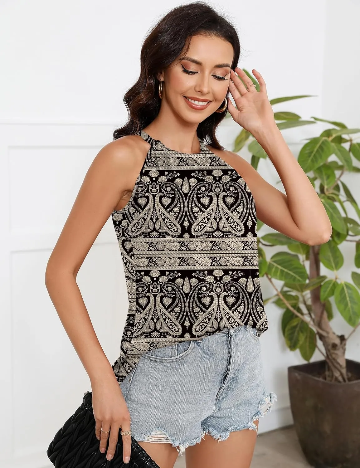 Summer Halter Tank Tops for Women Loose Fit Pleated Tie Back Sleeveless Tops Casual
