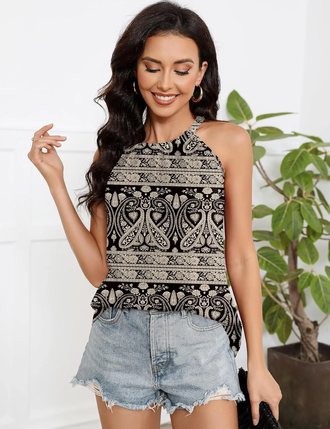 Summer Halter Tank Tops for Women Loose Fit Pleated Tie Back Sleeveless Tops Casual