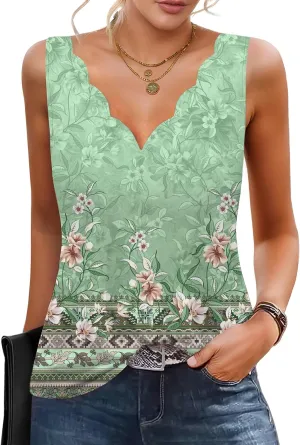 Summer Tops for Women Seashell Edge Tank Tops V Neck Sleeveless Shirts Loose Fit Dressy Casual