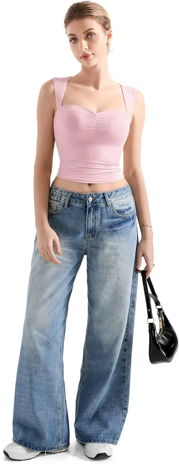 SUUKSESS Women Sweetheart V Neck Backless Tank Tops Double Lined Going Out Crop Tops