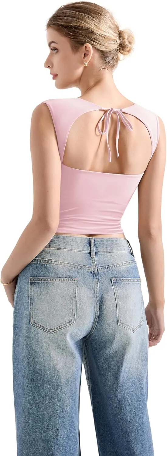 SUUKSESS Women Sweetheart V Neck Backless Tank Tops Double Lined Going Out Crop Tops