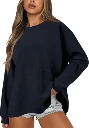 Sweatshirt for Women Loose Waffle Crew Neck Long Sleeve Pullover Tops Soft Oversized Workout Shirts Fall Clothes