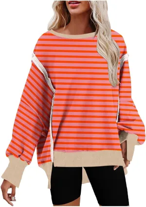 Sweatshirts for Women Striped Oversized Hoodies Long Sleeve Crewneck Fall Outfits Fashion Pullover Tops