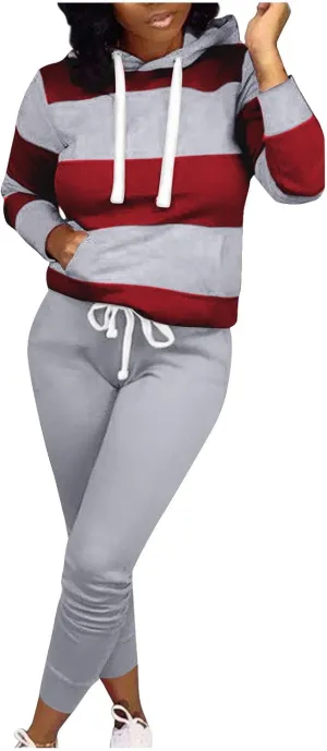 Sweatsuits for Women Set 2 Piece Color Block Oversized String Hoodies and Sweatpants with Pockets Workout Tracksuits Outfits