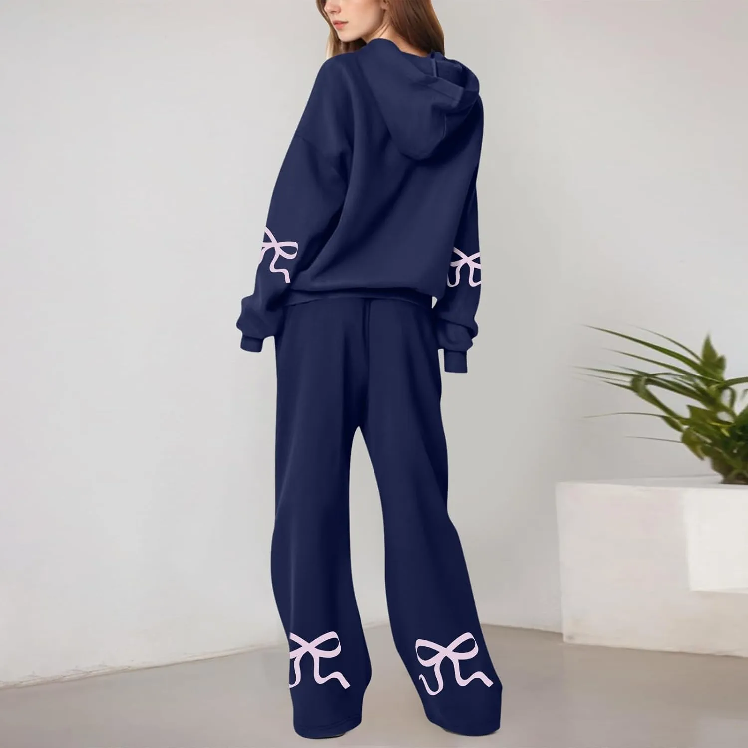 Sweatsuits Women 2 Piece Outfit Fleece Oversized Bow Hoodie and Sweatpants Track Suits Matching Lounge Pants Sets