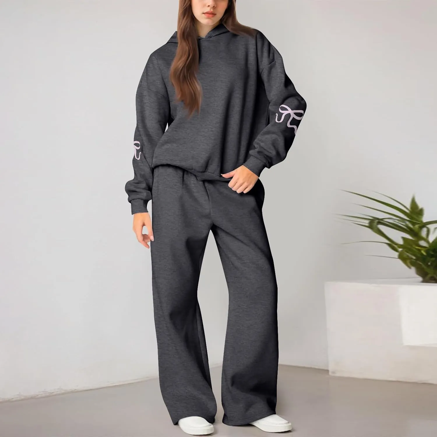 Sweatsuits Women 2 Piece Outfit Fleece Oversized Bow Hoodie and Sweatpants Track Suits Matching Lounge Pants Sets