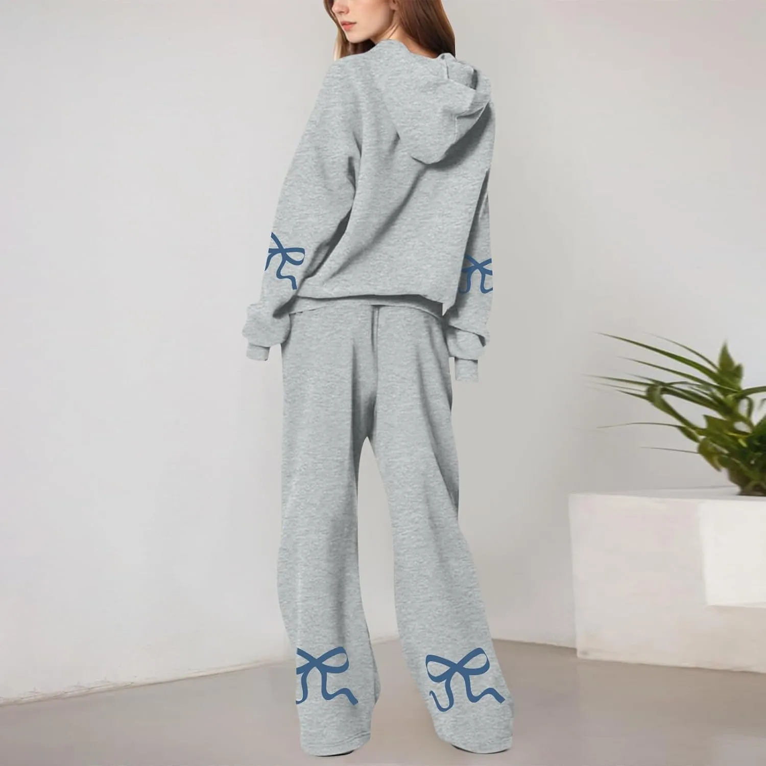 Sweatsuits Women 2 Piece Outfit Fleece Oversized Bow Hoodie and Sweatpants Track Suits Matching Lounge Pants Sets