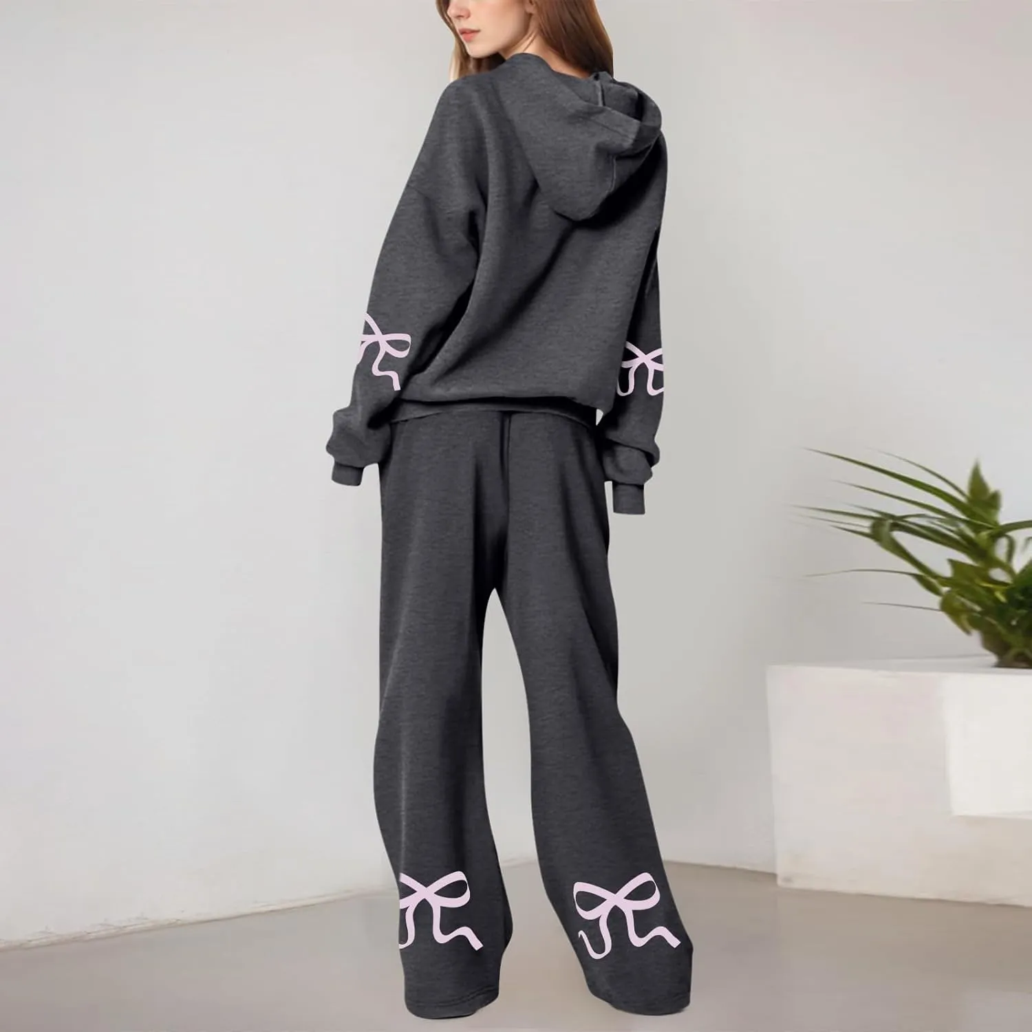 Sweatsuits Women 2 Piece Outfit Fleece Oversized Bow Hoodie and Sweatpants Track Suits Matching Lounge Pants Sets