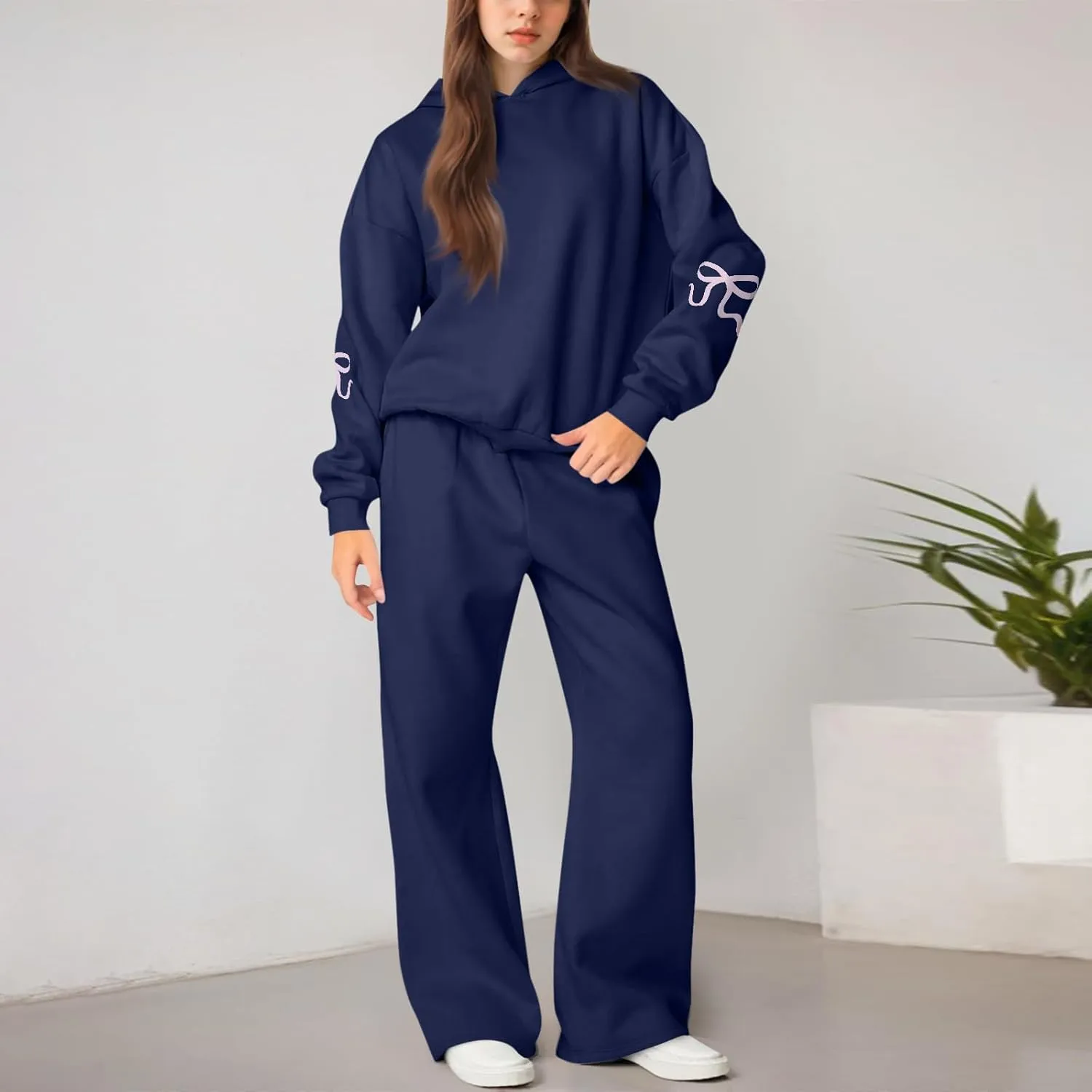 Sweatsuits Women 2 Piece Outfit Fleece Oversized Bow Hoodie and Sweatpants Track Suits Matching Lounge Pants Sets