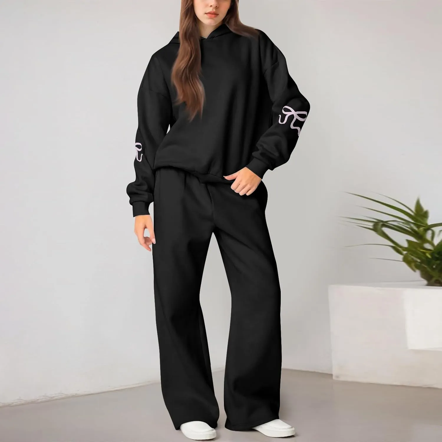 Sweatsuits Women 2 Piece Outfit Fleece Oversized Bow Hoodie and Sweatpants Track Suits Matching Lounge Pants Sets