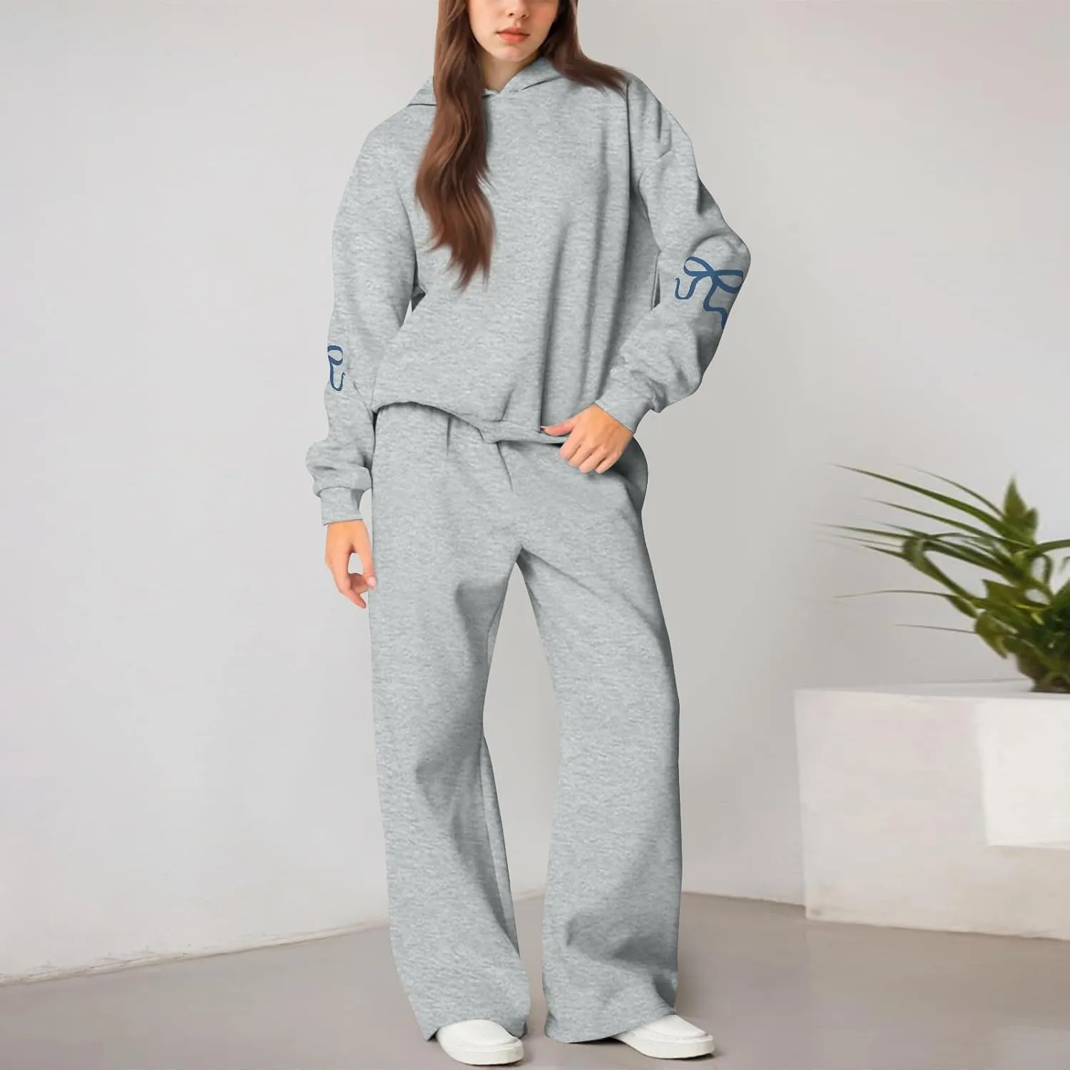 Sweatsuits Women 2 Piece Outfit Fleece Oversized Bow Hoodie and Sweatpants Track Suits Matching Lounge Pants Sets