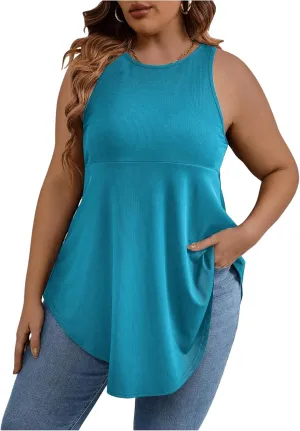 SweatyRocks Women' Loose Sleeveless Solid Color Casual Plain Tank Tops Plus Size Curved Hem Workout Summer Tee Tops
