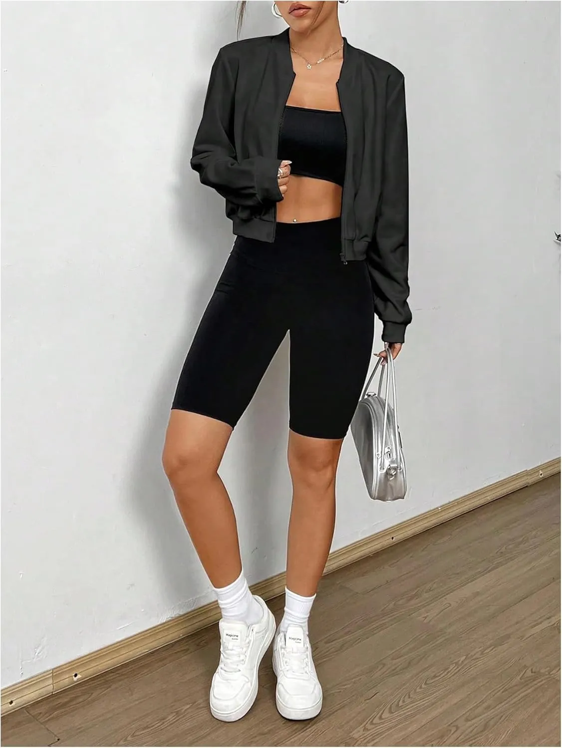 SweatyRocks Women's Lightweight Jackets Casual Basic Zip Up Cropped Bomber Jacket
