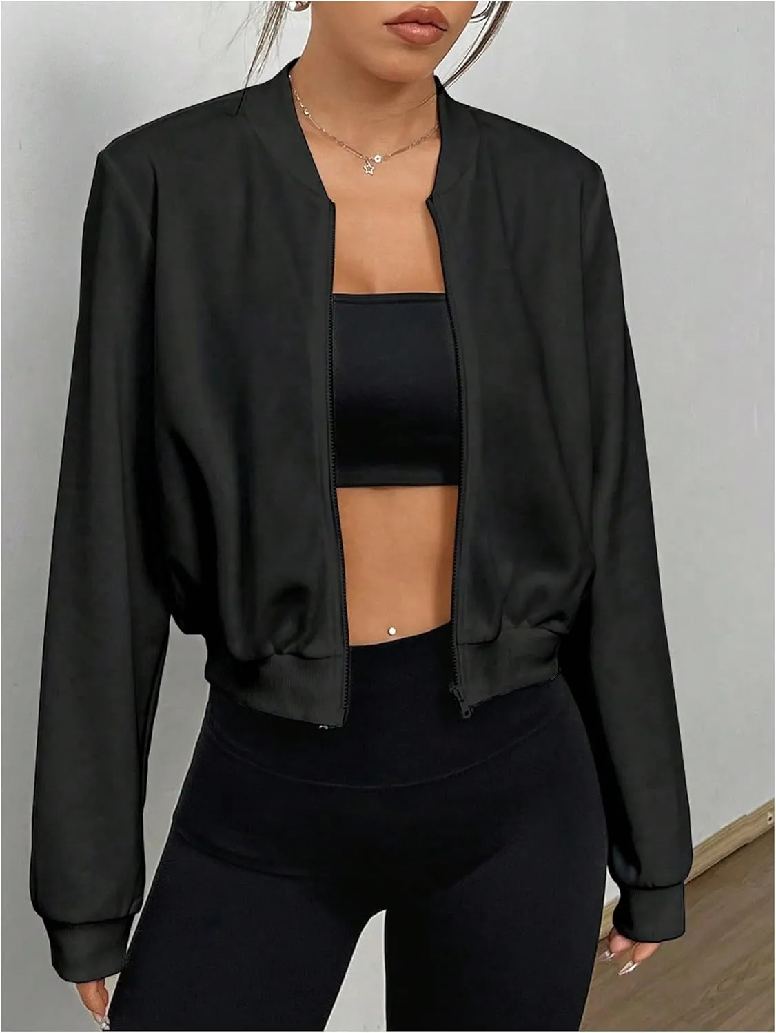 SweatyRocks Women's Lightweight Jackets Casual Basic Zip Up Cropped Bomber Jacket