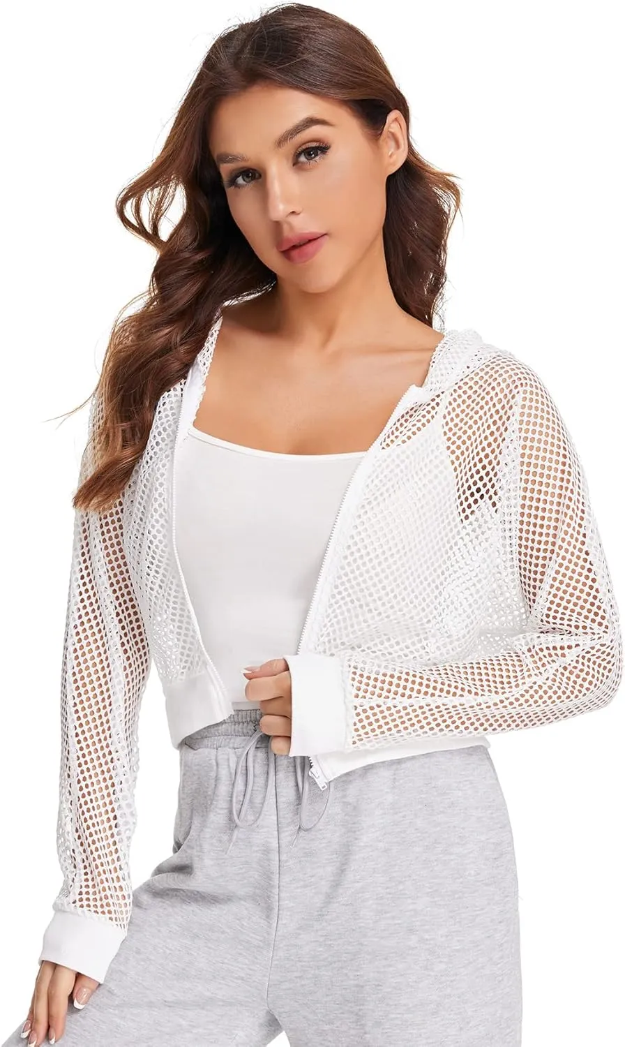 SweatyRocks Women's Summer Zip Up Light Weight Long Sleeve Mesh Bomber Jacket