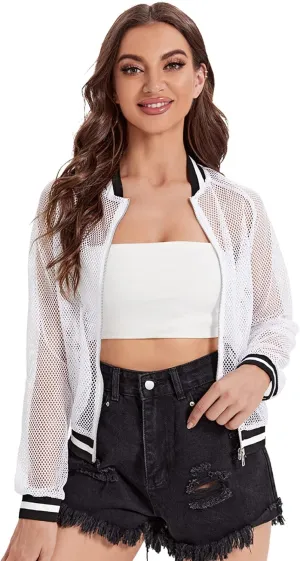 SweatyRocks Women's Summer Zip Up Light Weight Long Sleeve Mesh Bomber Jacket