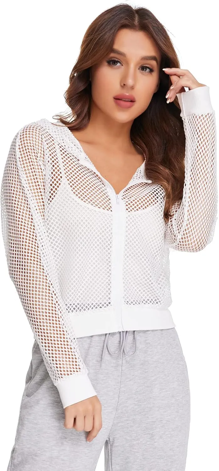 SweatyRocks Women's Summer Zip Up Light Weight Long Sleeve Mesh Bomber Jacket