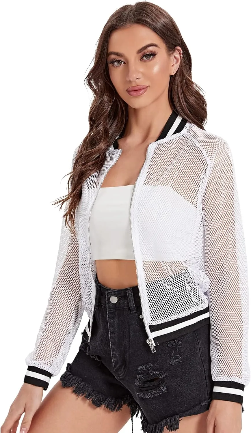 SweatyRocks Women's Summer Zip Up Light Weight Long Sleeve Mesh Bomber Jacket