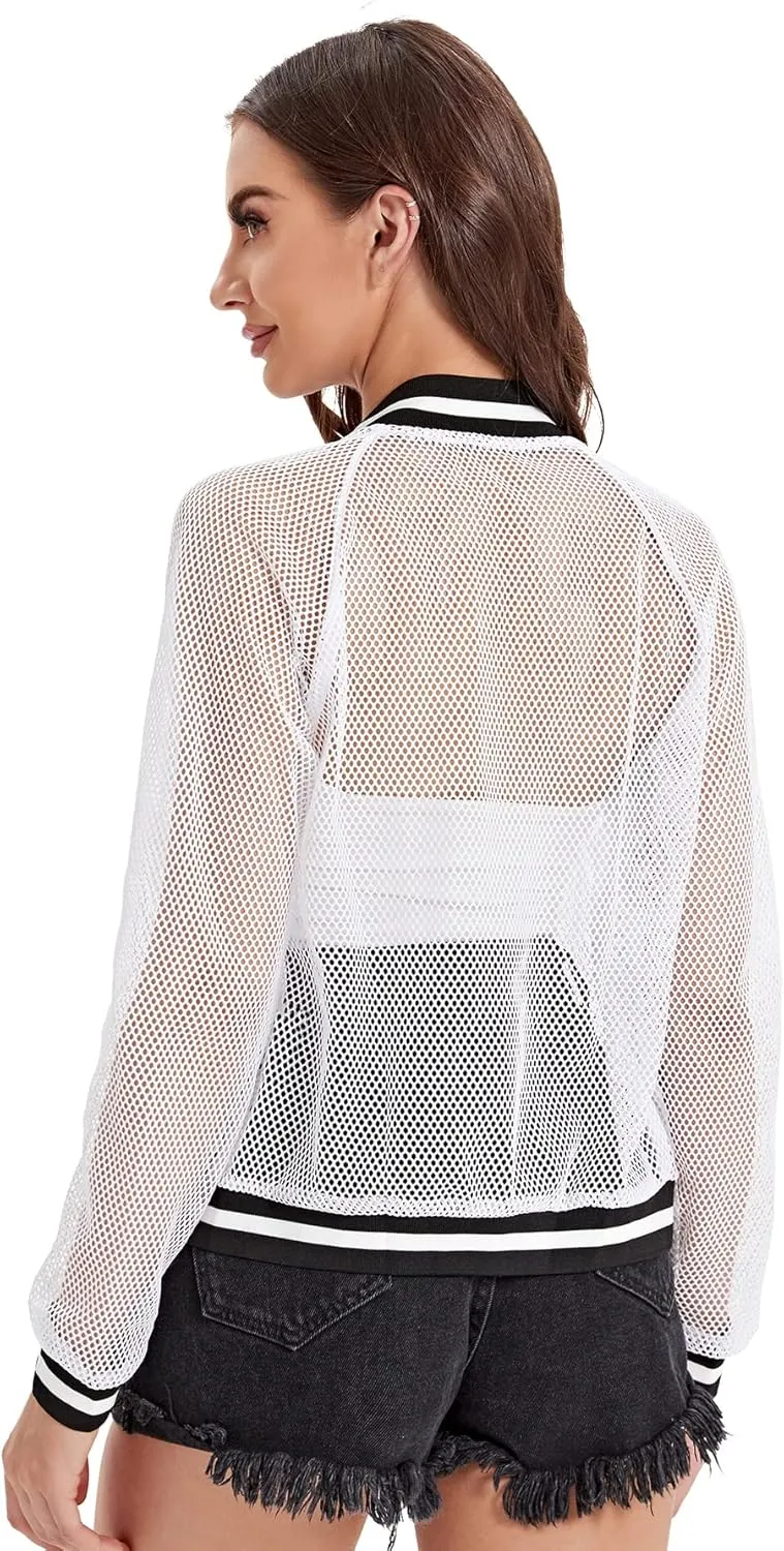 SweatyRocks Women's Summer Zip Up Light Weight Long Sleeve Mesh Bomber Jacket