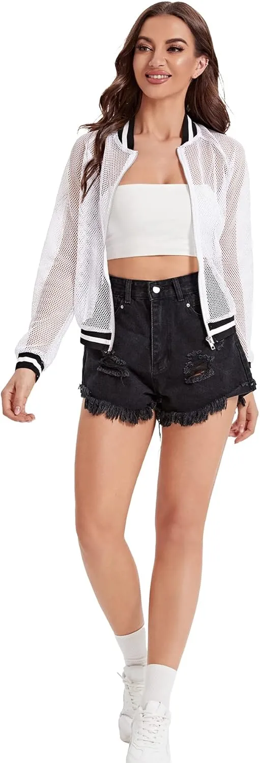 SweatyRocks Women's Summer Zip Up Light Weight Long Sleeve Mesh Bomber Jacket